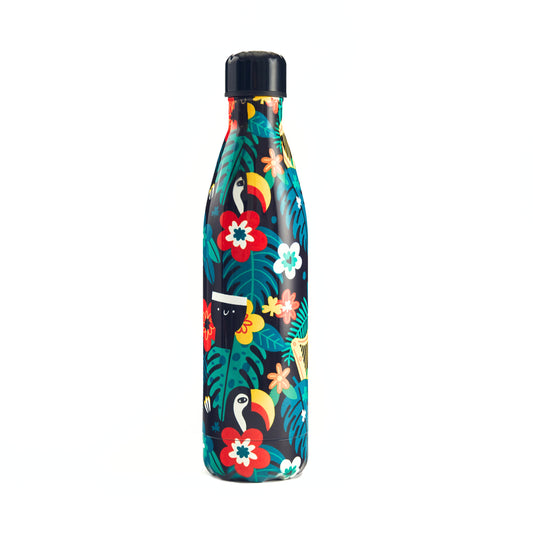 The Guinness x Fatti Burke Hawaiian Water Bottle by Guinness is a BPA-free, stainless steel flask with a black background featuring vibrant tropical leaves, red and yellow flowers, and toucan designs—stylish and eco-friendly.