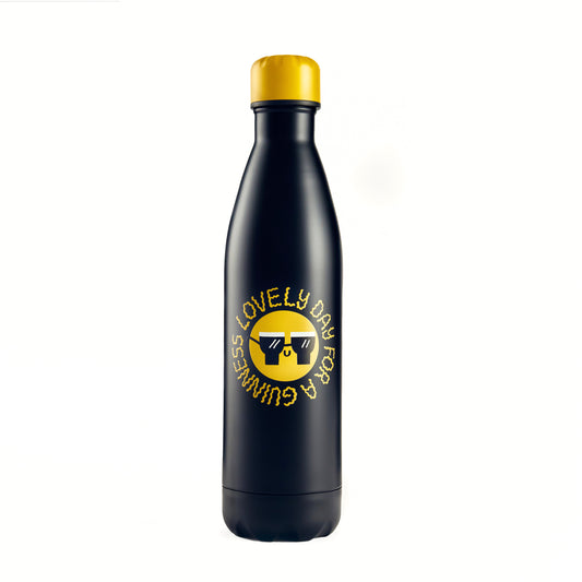 The Guinness x Fatti Burke Sun Water Bottle is a black BPA-free bottle with a yellow cap, featuring sunglasses graphics and "LOVELY DAY FOR A GUINNESS" in a circular design. Part of the exclusive Guinness x Fatti Burke collection.
