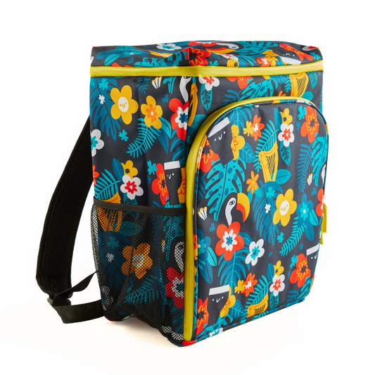 The Guinness x Fatti Burke Hawaiian Cooler Bag from Guinness Webstore UK features a tropical floral and animal print, a front zip pocket, side mesh pocket, and black shoulder straps.